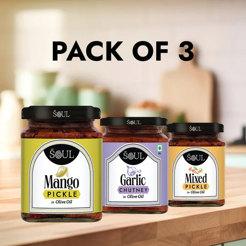 The Perfect Combo (Mango Pickle + Mixed Pickle + Garlic Chutney)(Pack of 3)