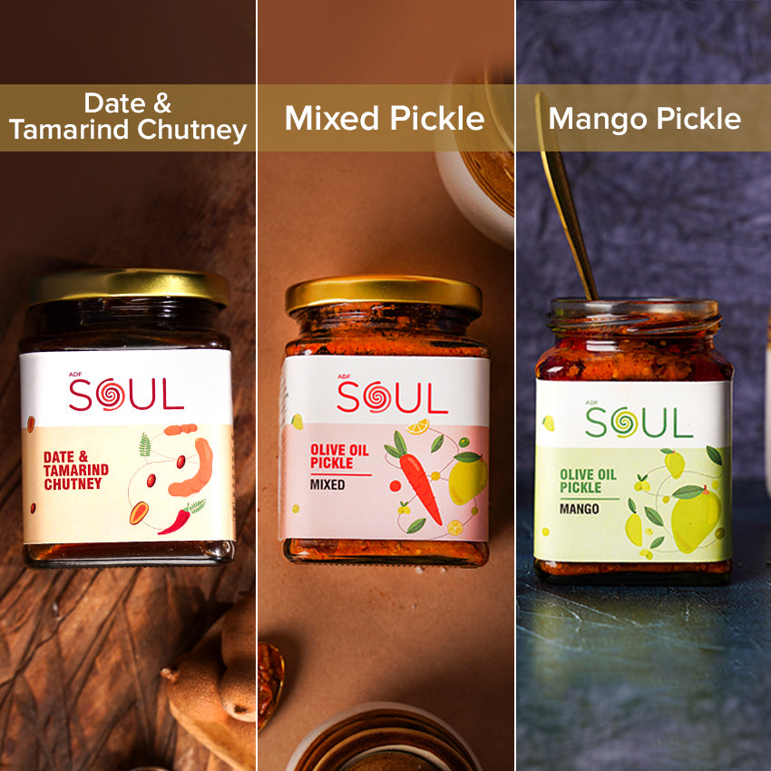 Zesty Mix Chatpata Spicy Combo (Mango Pickle + Mixed Pickle & Date + Tamarind Chutney) (Pack of 3)