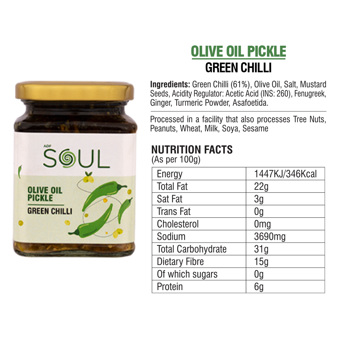 Buy Green Chilli Pickle in Olive Oil Online (265 gms) Soul Foods